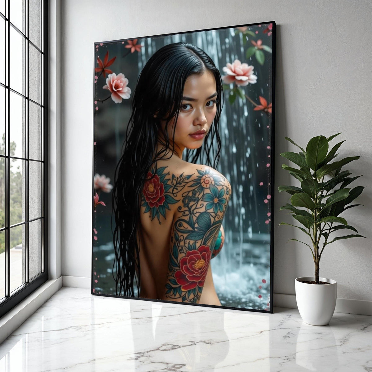 Elegant Floral Tattoo Art Canvas, Asian Woman Waterfall Portrait, Colorful Body Ink Design, Modern Wall Decor, Gift Art, Home Decor, Print