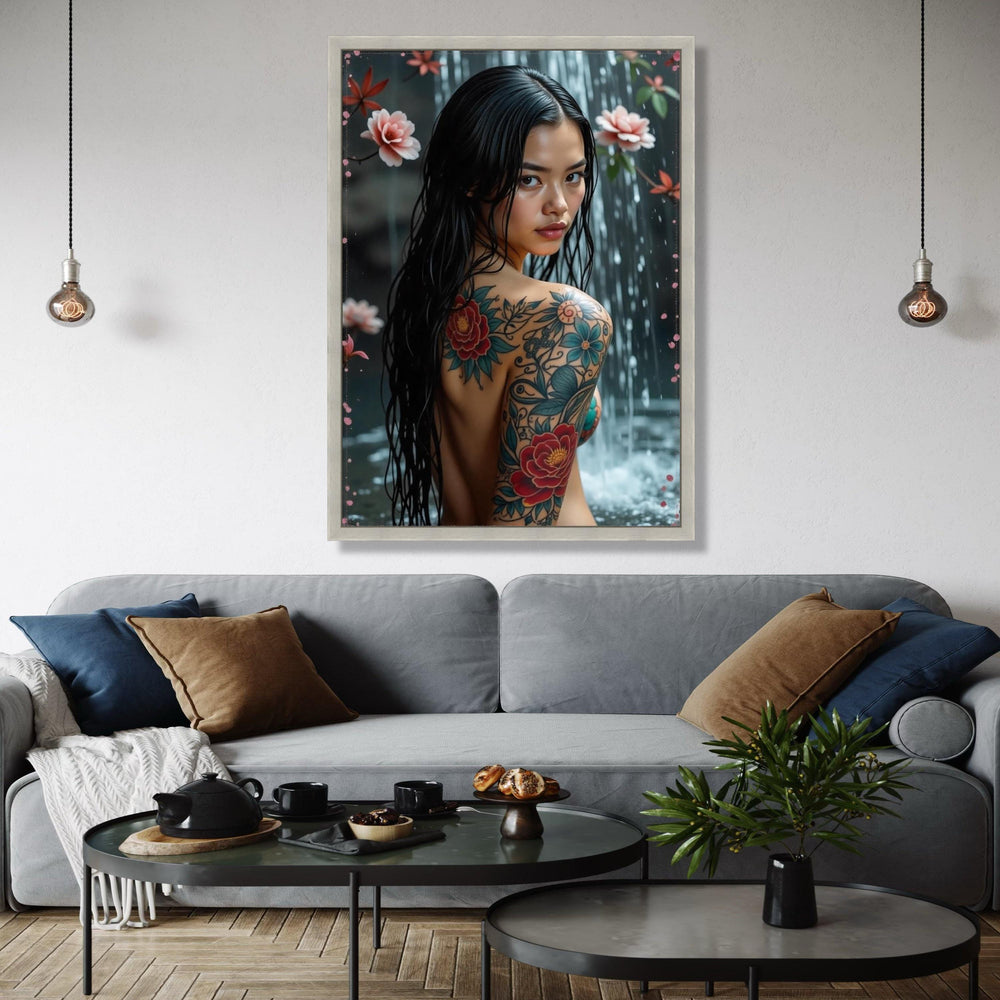 Elegant Floral Tattoo Art Canvas, Asian Woman Waterfall Portrait, Colorful Body Ink Design, Modern Wall Decor, Gift Art, Home Decor, Print