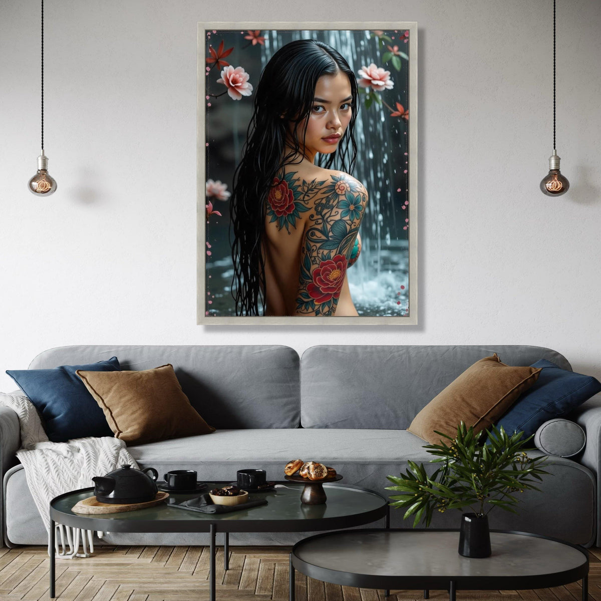 Elegant Floral Tattoo Art Canvas, Asian Woman Waterfall Portrait, Colorful Body Ink Design, Modern Wall Decor, Gift Art, Home Decor, Print