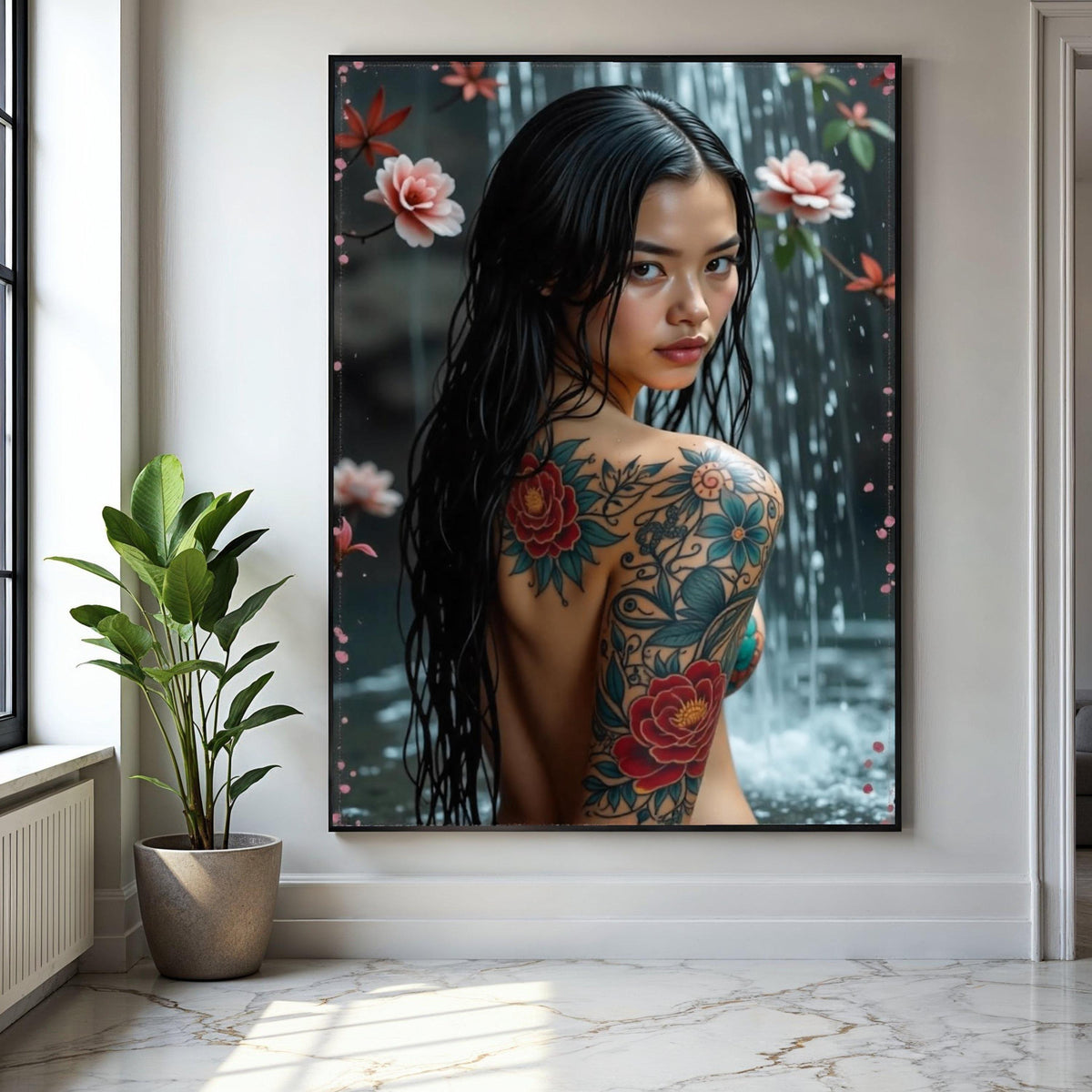 Elegant Floral Tattoo Art Canvas, Asian Woman Waterfall Portrait, Colorful Body Ink Design, Modern Wall Decor, Gift Art, Home Decor, Print