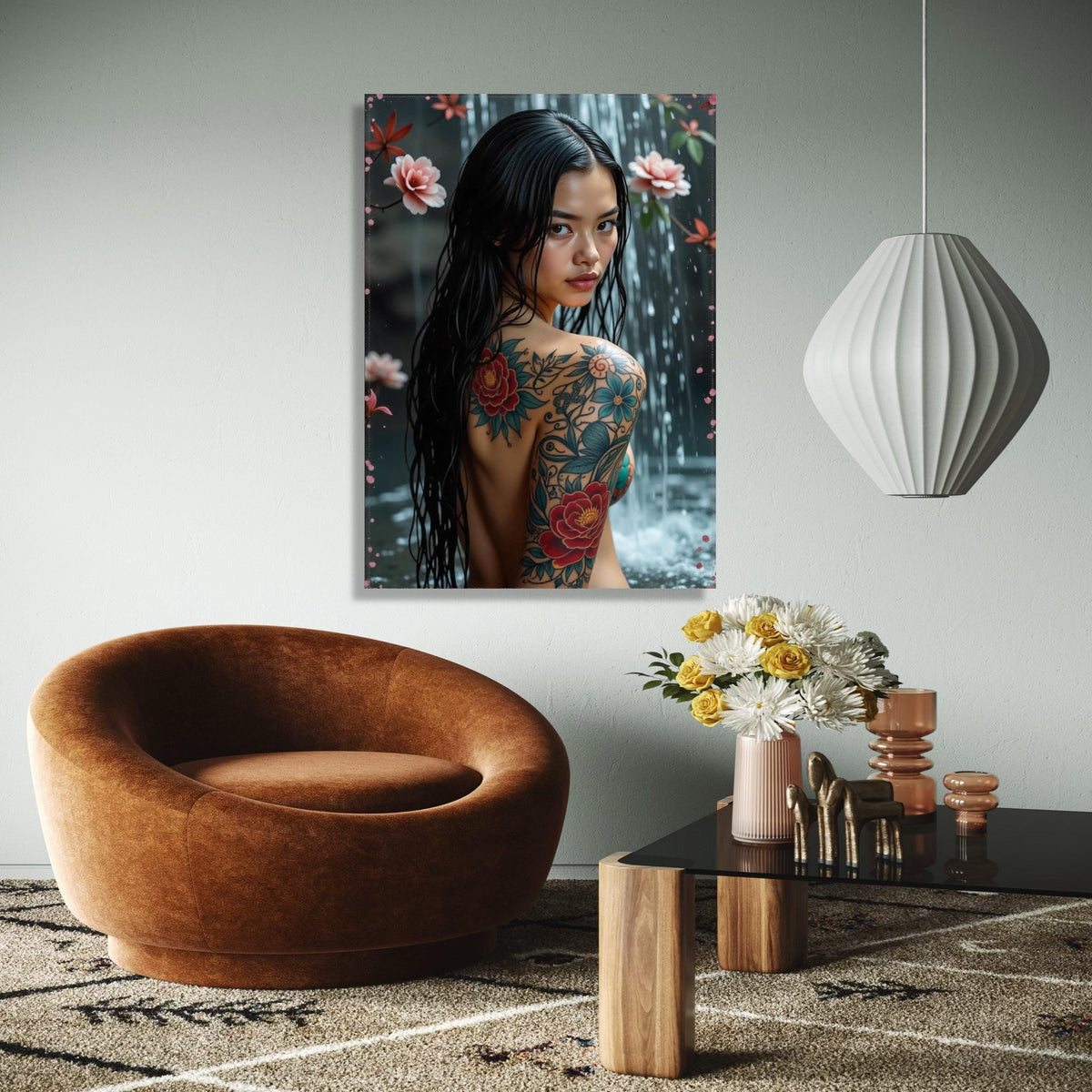 Elegant Floral Tattoo Art Canvas, Asian Woman Waterfall Portrait, Colorful Body Ink Design, Modern Wall Decor, Gift Art, Home Decor, Print