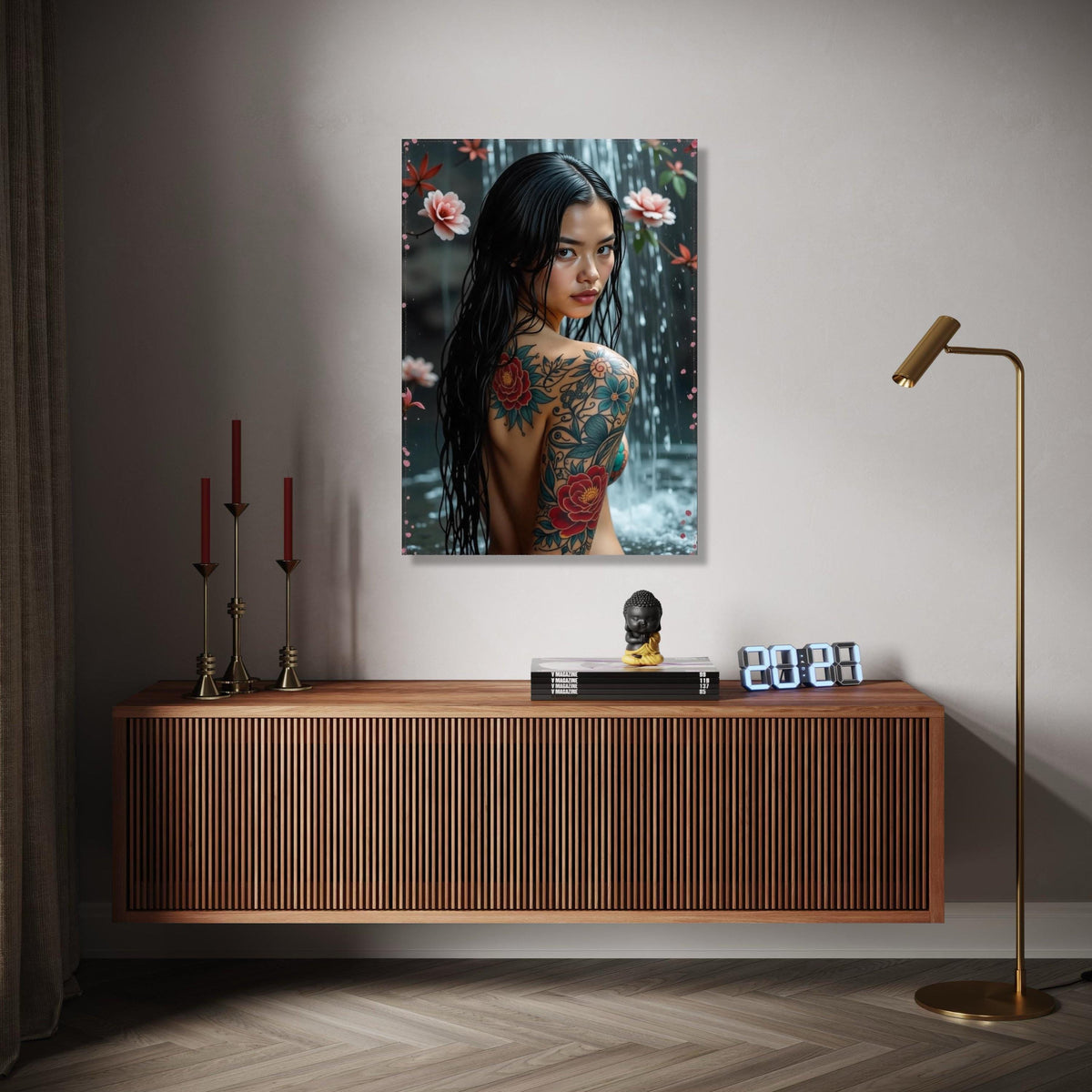 Elegant Floral Tattoo Art Canvas, Asian Woman Waterfall Portrait, Colorful Body Ink Design, Modern Wall Decor, Gift Art, Home Decor, Print