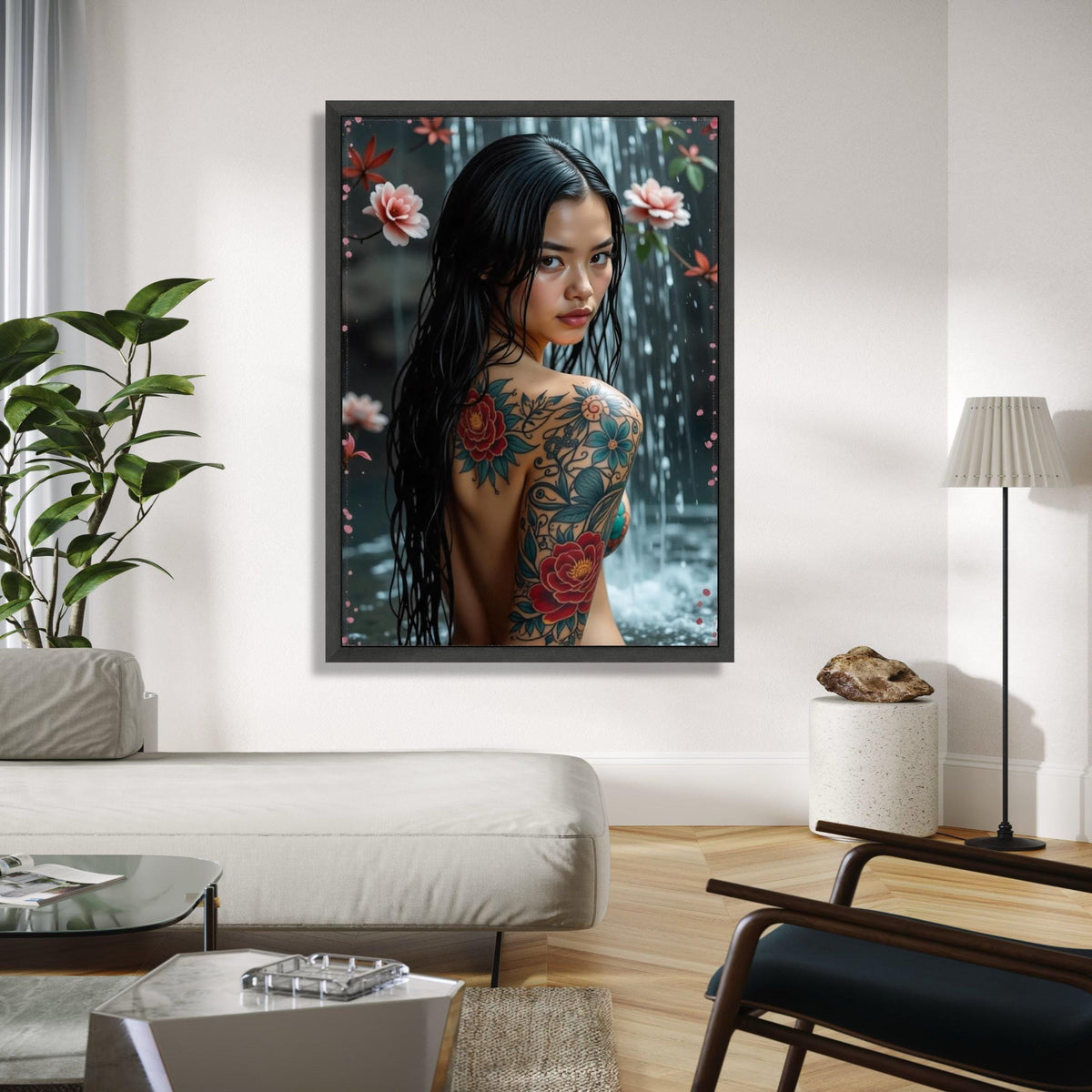 Elegant Floral Tattoo Art Canvas, Asian Woman Waterfall Portrait, Colorful Body Ink Design, Modern Wall Decor, Gift Art, Home Decor, Print