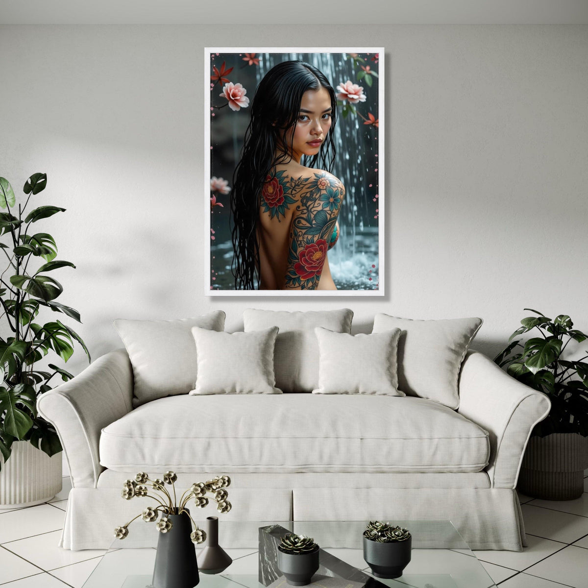 Elegant Floral Tattoo Art Canvas, Asian Woman Waterfall Portrait, Colorful Body Ink Design, Modern Wall Decor, Gift Art, Home Decor, Print