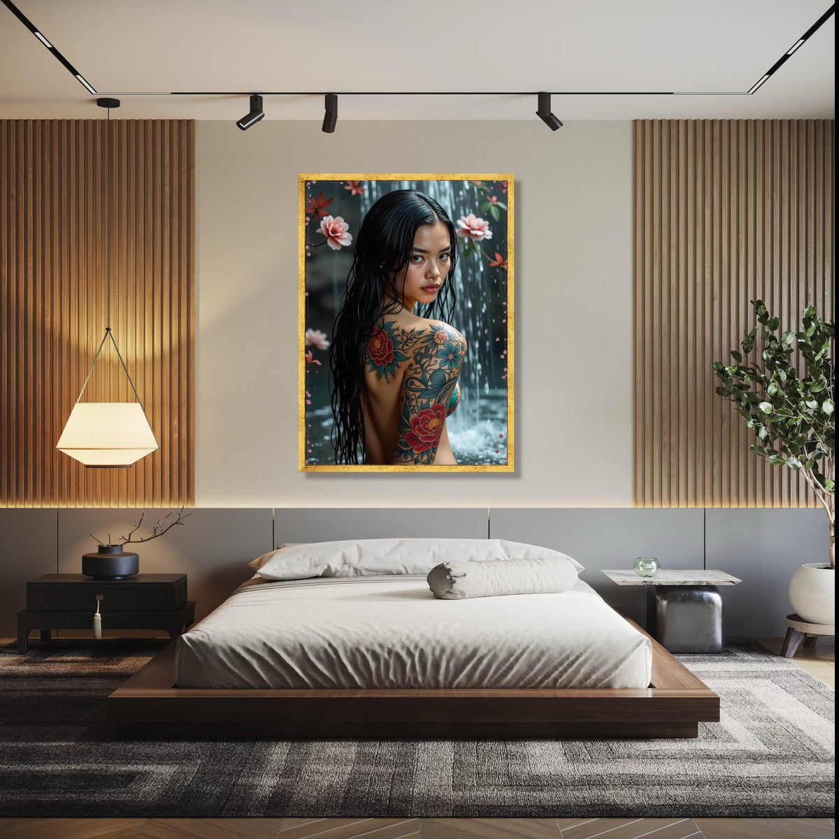 Elegant Floral Tattoo Art Canvas, Asian Woman Waterfall Portrait, Colorful Body Ink Design, Modern Wall Decor, Gift Art, Home Decor, Print
