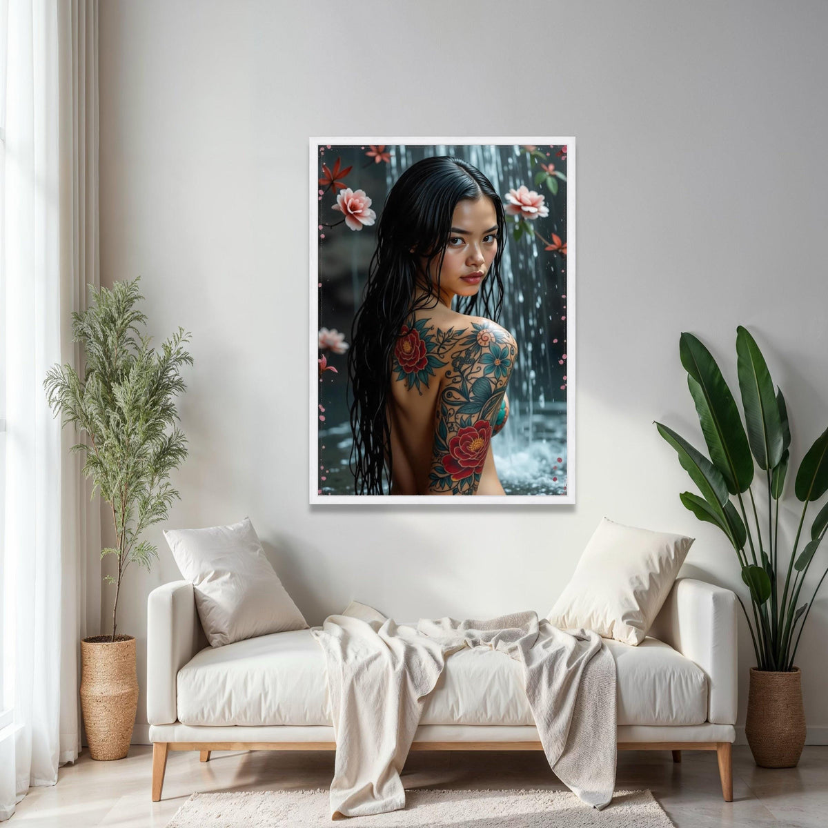 Elegant Floral Tattoo Art Canvas, Asian Woman Waterfall Portrait, Colorful Body Ink Design, Modern Wall Decor, Gift Art, Home Decor, Print