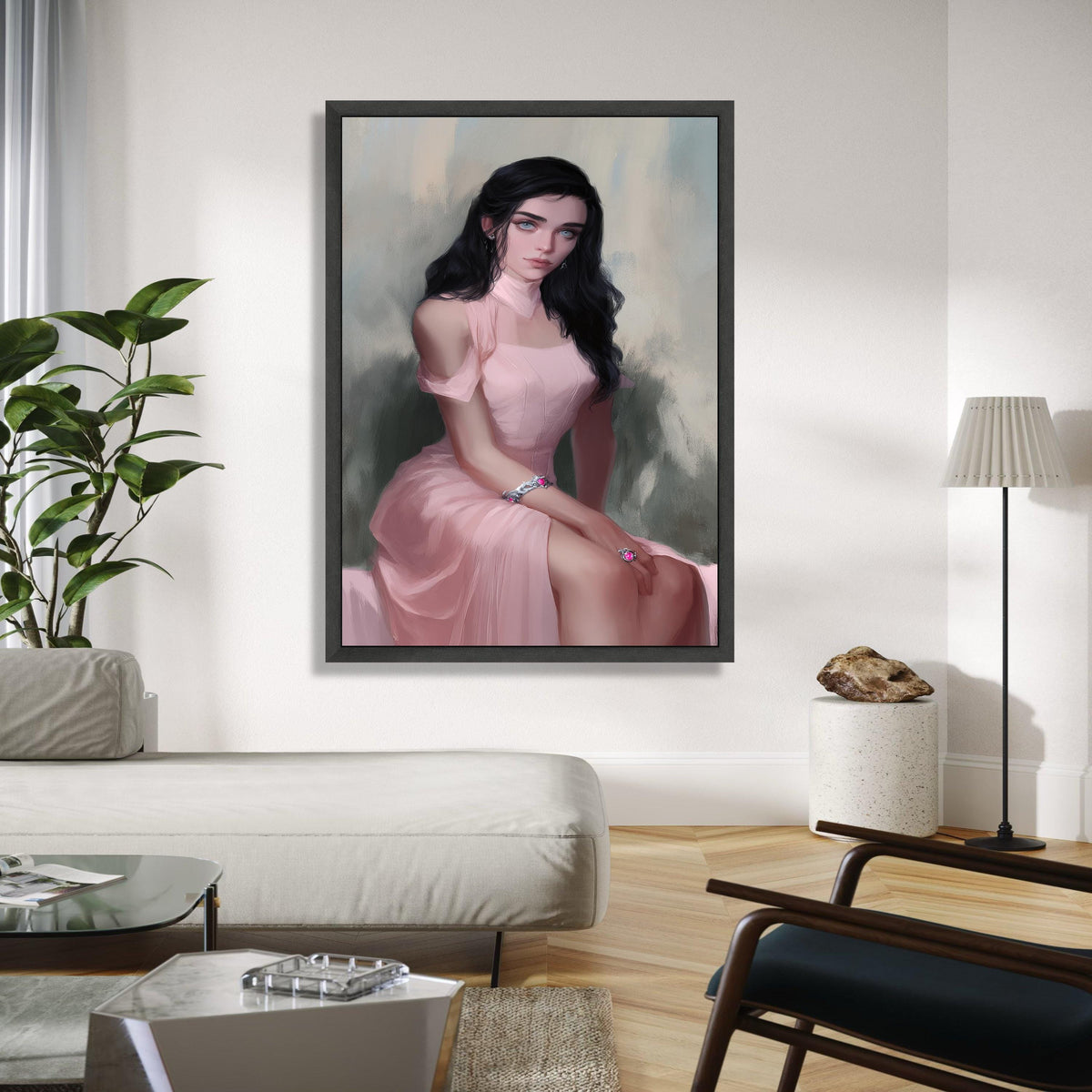 Elegant Woman Portrait Canvas, Vintage Style Wall Art, Feminine Pink Dress Artwork, Modern Decorative Canvas, Gift Art, Home Decor, Print