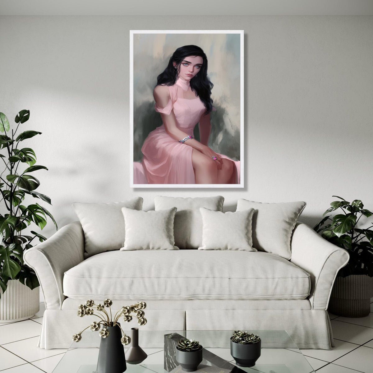 Elegant Woman Portrait Canvas, Vintage Style Wall Art, Feminine Pink Dress Artwork, Modern Decorative Canvas, Gift Art, Home Decor, Print
