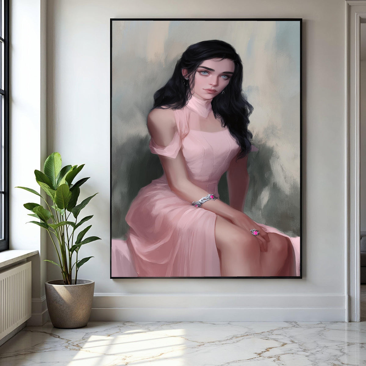 Elegant Woman Portrait Canvas, Vintage Style Wall Art, Feminine Pink Dress Artwork, Modern Decorative Canvas, Gift Art, Home Decor, Print