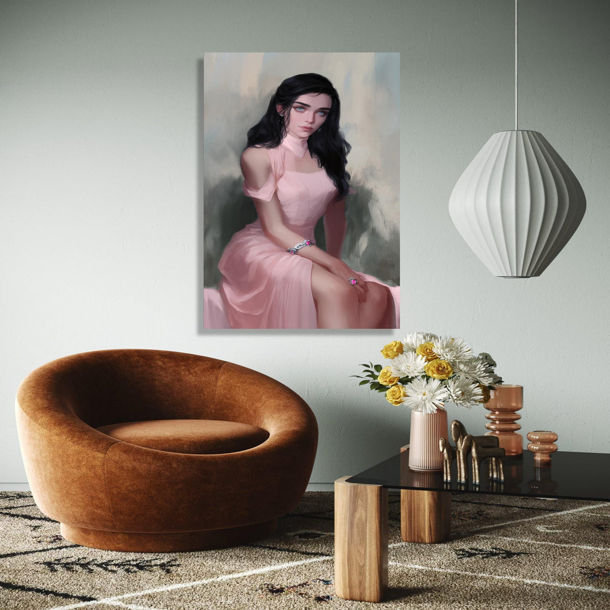Elegant Woman Portrait Canvas, Vintage Style Wall Art, Feminine Pink Dress Artwork, Modern Decorative Canvas, Gift Art, Home Decor, Print