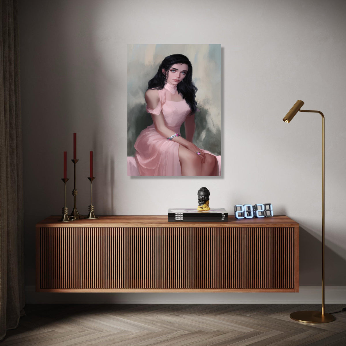 Elegant Woman Portrait Canvas, Vintage Style Wall Art, Feminine Pink Dress Artwork, Modern Decorative Canvas, Gift Art, Home Decor, Print