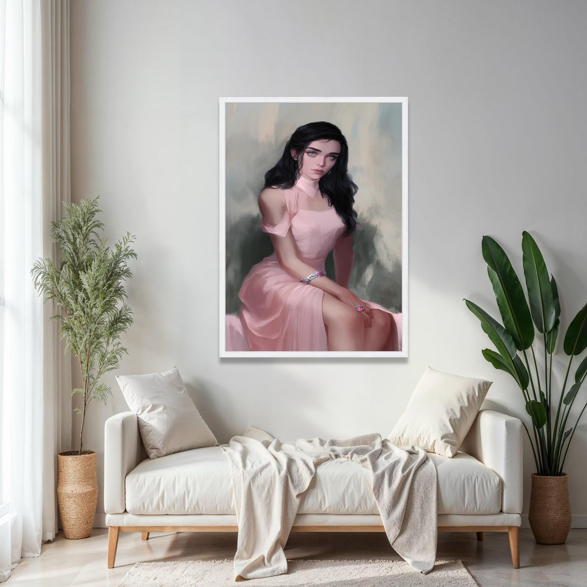 Elegant Woman Portrait Canvas, Vintage Style Wall Art, Feminine Pink Dress Artwork, Modern Decorative Canvas, Gift Art, Home Decor, Print