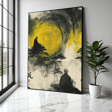 Meditative Monks with Yellow Spiral, Abstract Zen Canvas Wall Art, Spiritual Landscape Painting, Asian Inspired Gift Art, Home Decor, Print