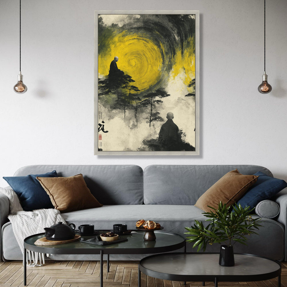 Meditative Monks with Yellow Spiral, Abstract Zen Canvas Wall Art, Spiritual Landscape Painting, Asian Inspired Gift Art, Home Decor, Print
