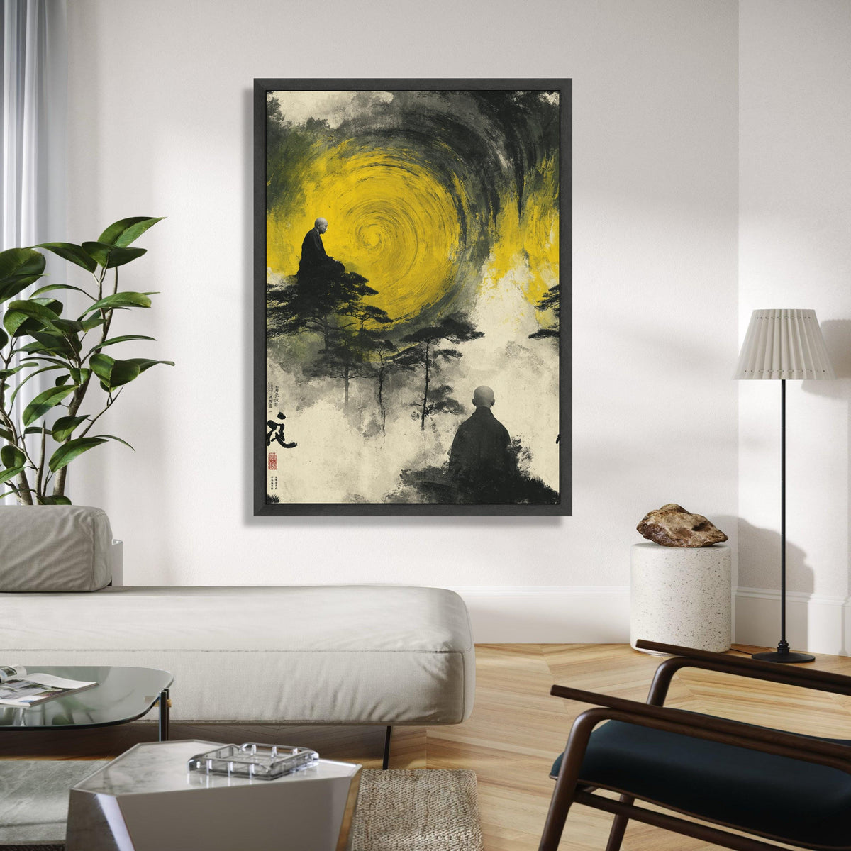 Meditative Monks with Yellow Spiral, Abstract Zen Canvas Wall Art, Spiritual Landscape Painting, Asian Inspired Gift Art, Home Decor, Print