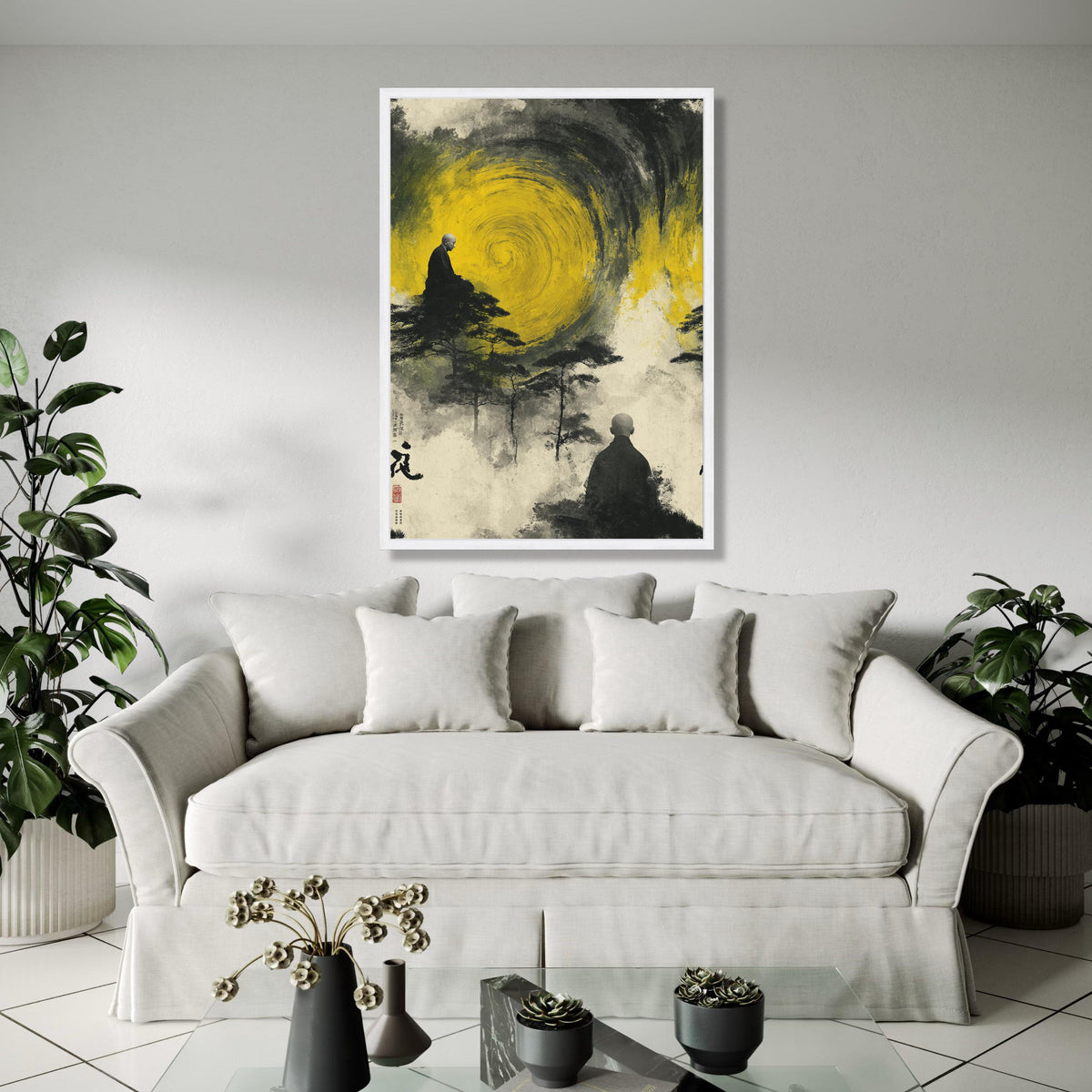 Meditative Monks with Yellow Spiral, Abstract Zen Canvas Wall Art, Spiritual Landscape Painting, Asian Inspired Gift Art, Home Decor, Print