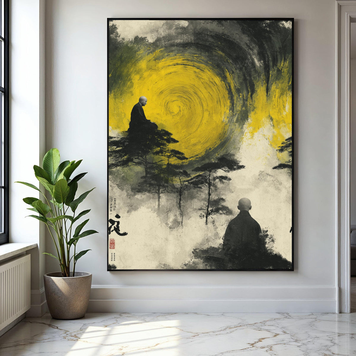 Meditative Monks with Yellow Spiral, Abstract Zen Canvas Wall Art, Spiritual Landscape Painting, Asian Inspired Gift Art, Home Decor, Print
