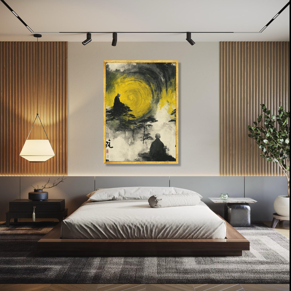 Meditative Monks with Yellow Spiral, Abstract Zen Canvas Wall Art, Spiritual Landscape Painting, Asian Inspired Gift Art, Home Decor, Print