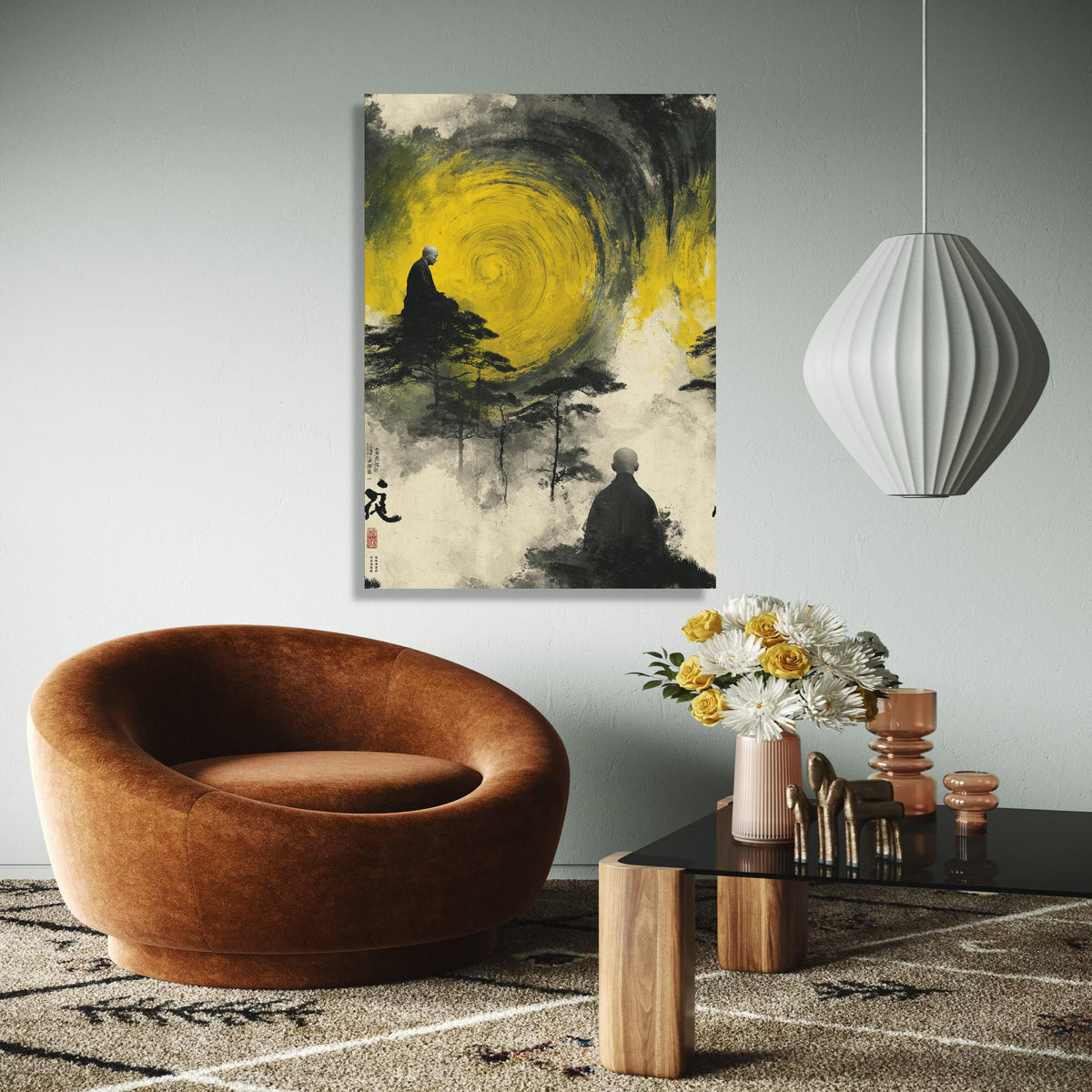 Meditative Monks with Yellow Spiral, Abstract Zen Canvas Wall Art, Spiritual Landscape Painting, Asian Inspired Gift Art, Home Decor, Print