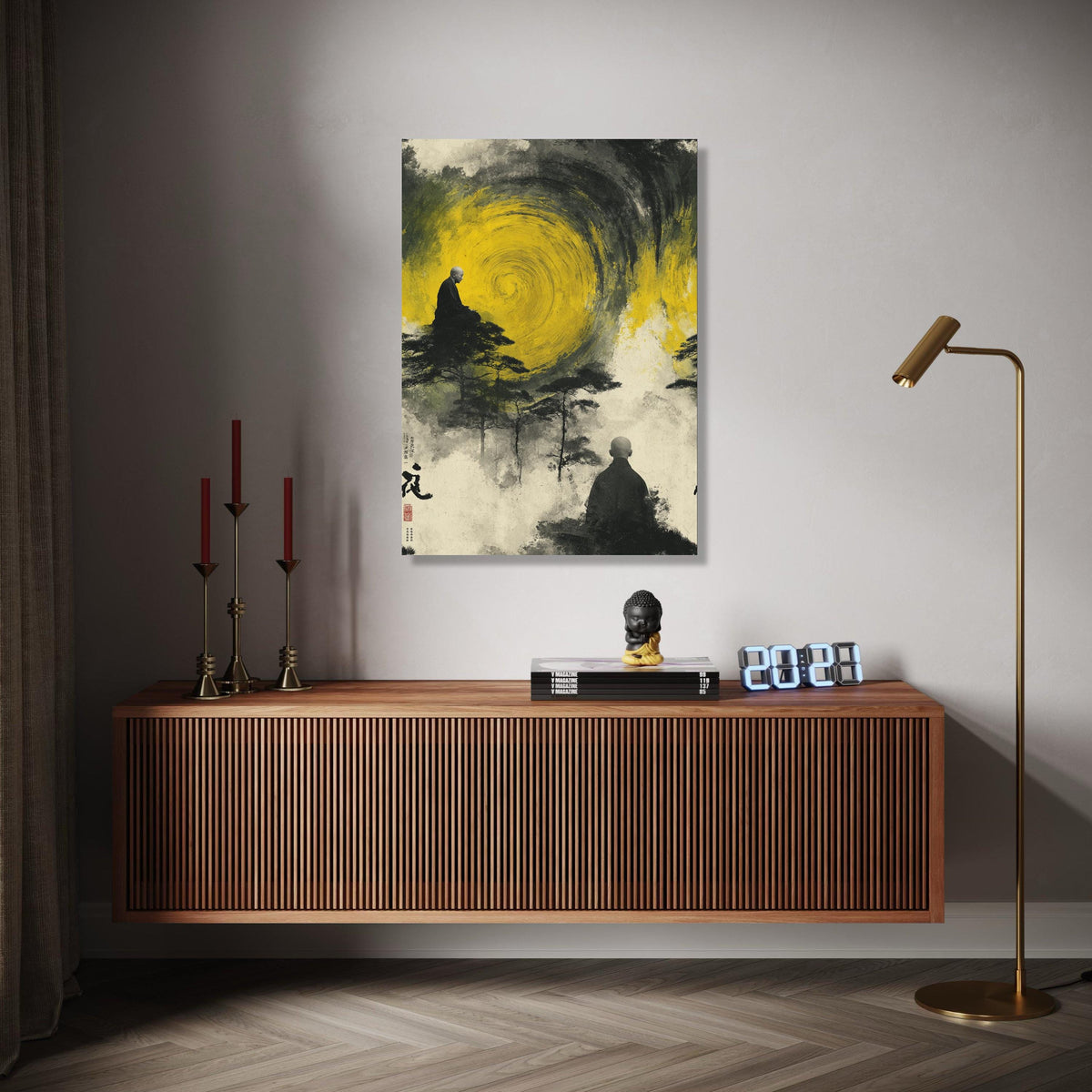 Meditative Monks with Yellow Spiral, Abstract Zen Canvas Wall Art, Spiritual Landscape Painting, Asian Inspired Gift Art, Home Decor, Print