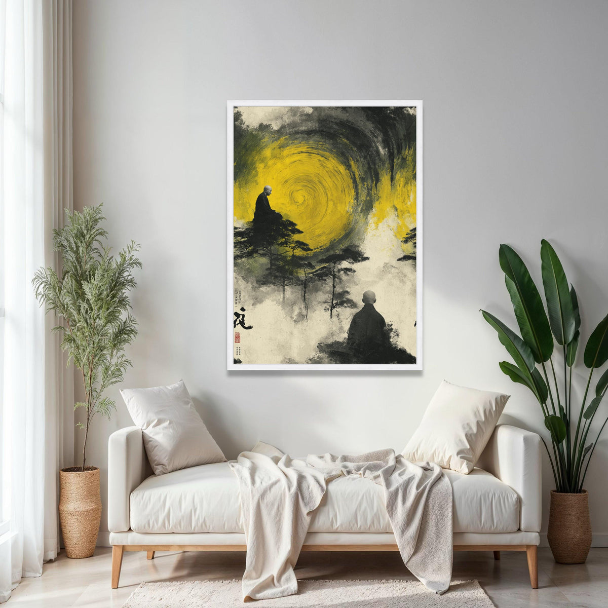 Meditative Monks with Yellow Spiral, Abstract Zen Canvas Wall Art, Spiritual Landscape Painting, Asian Inspired Gift Art, Home Decor, Print