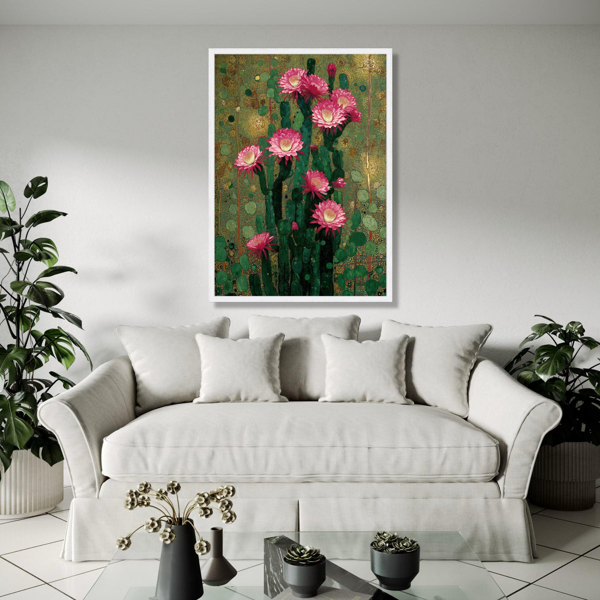 Vibrant Cactus Bloom Canvas, Pink Flower Wall Art, Botanical Nature Print, Desert Floral Decoration, Green and Gift Art, Home Decor, Print