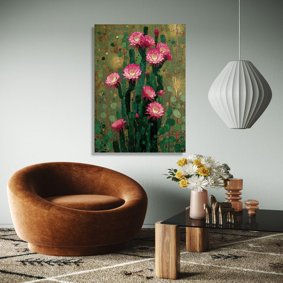 Vibrant Cactus Bloom Canvas, Pink Flower Wall Art, Botanical Nature Print, Desert Floral Decoration, Green and Gift Art, Home Decor, Print