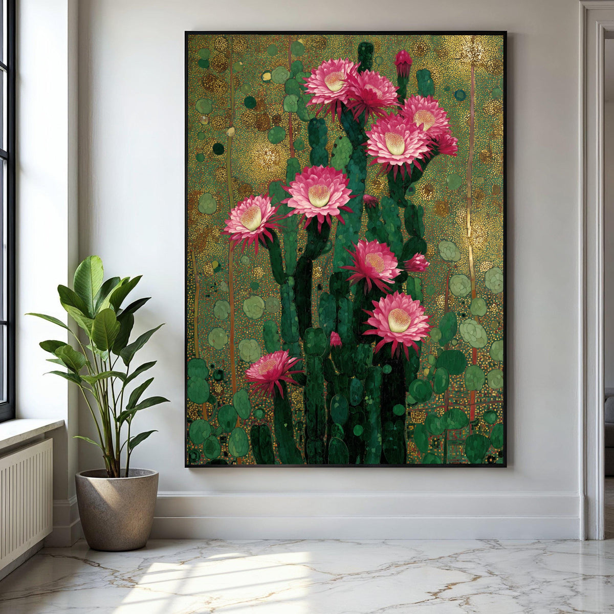 Vibrant Cactus Bloom Canvas, Pink Flower Wall Art, Botanical Nature Print, Desert Floral Decoration, Green and Gift Art, Home Decor, Print