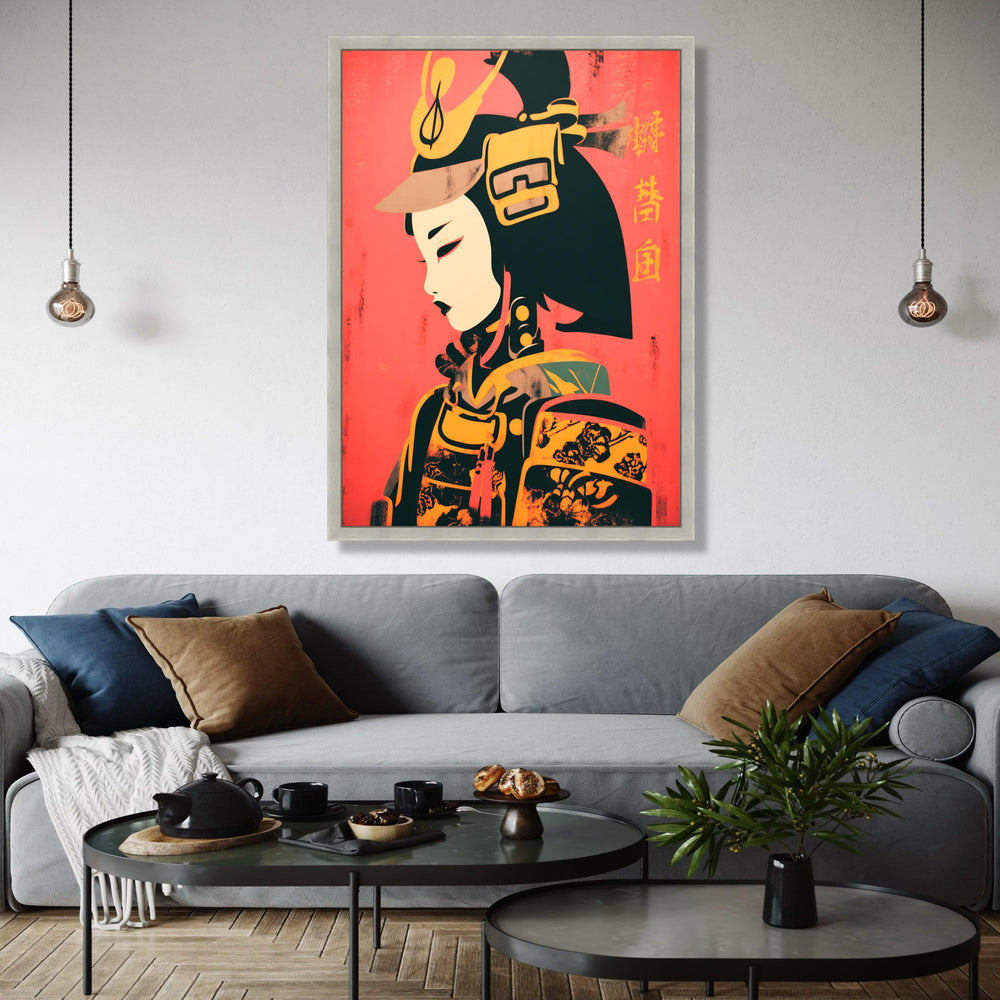 Modern Geisha Warrior Canvas, Japanese Samurai Art, Asian Culture Wall Art, Bold Red and Yellow Canvas, Home Gift Art, Home Decor, Print