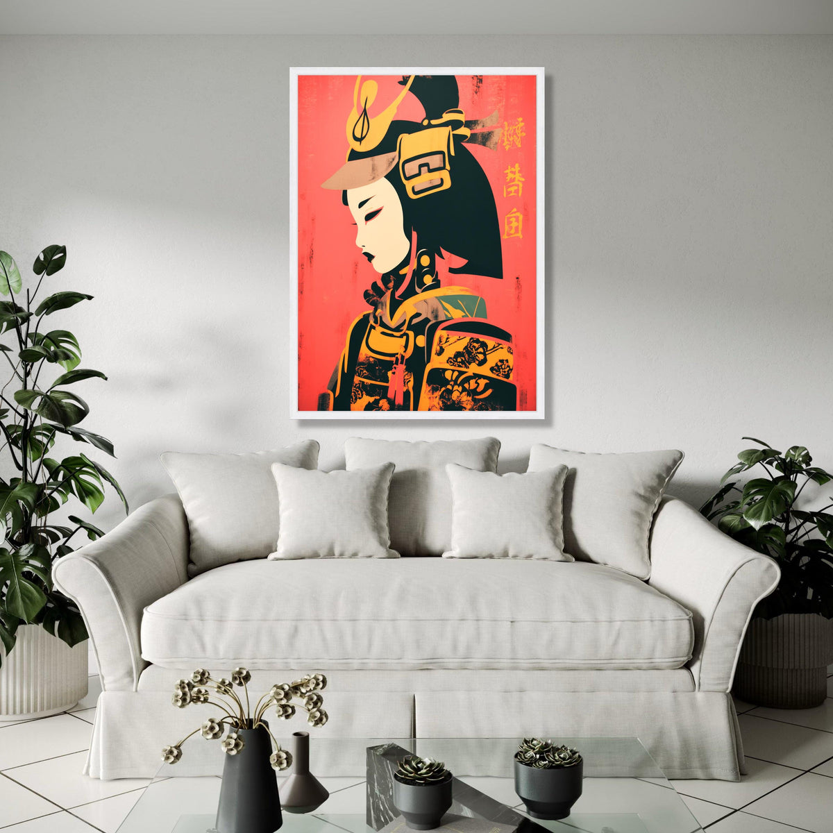 Modern Geisha Warrior Canvas, Japanese Samurai Art, Asian Culture Wall Art, Bold Red and Yellow Canvas, Home Gift Art, Home Decor, Print