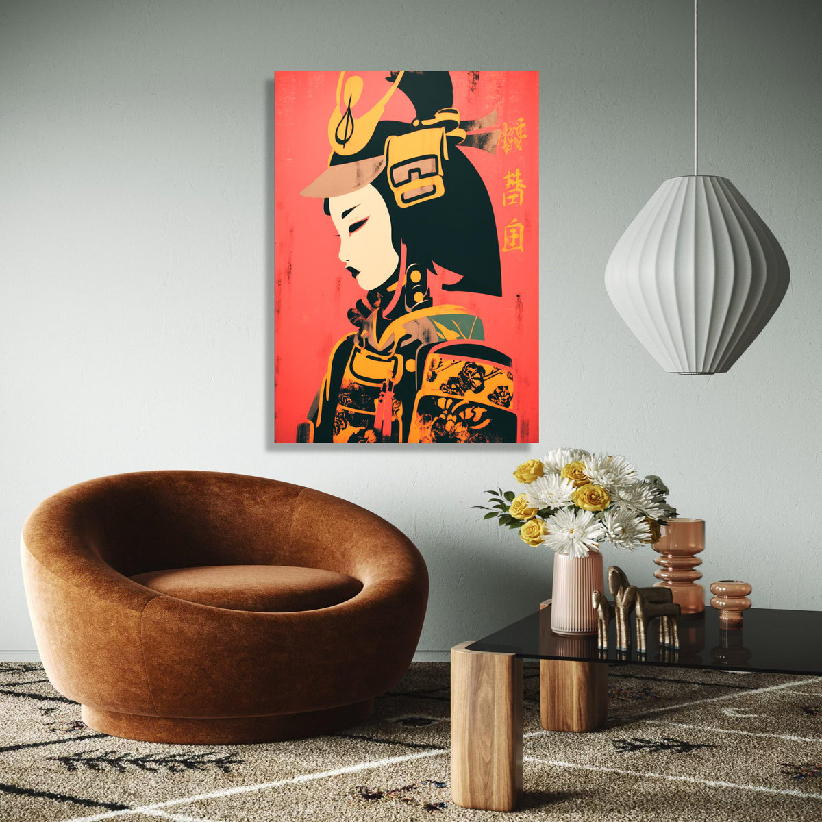 Modern Geisha Warrior Canvas, Japanese Samurai Art, Asian Culture Wall Art, Bold Red and Yellow Canvas, Home Gift Art, Home Decor, Print