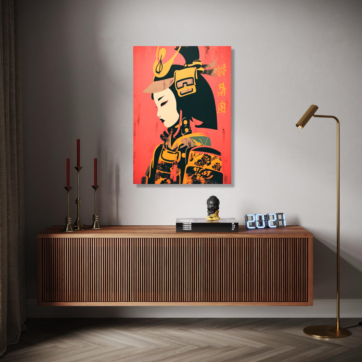 Modern Geisha Warrior Canvas, Japanese Samurai Art, Asian Culture Wall Art, Bold Red and Yellow Canvas, Home Gift Art, Home Decor, Print