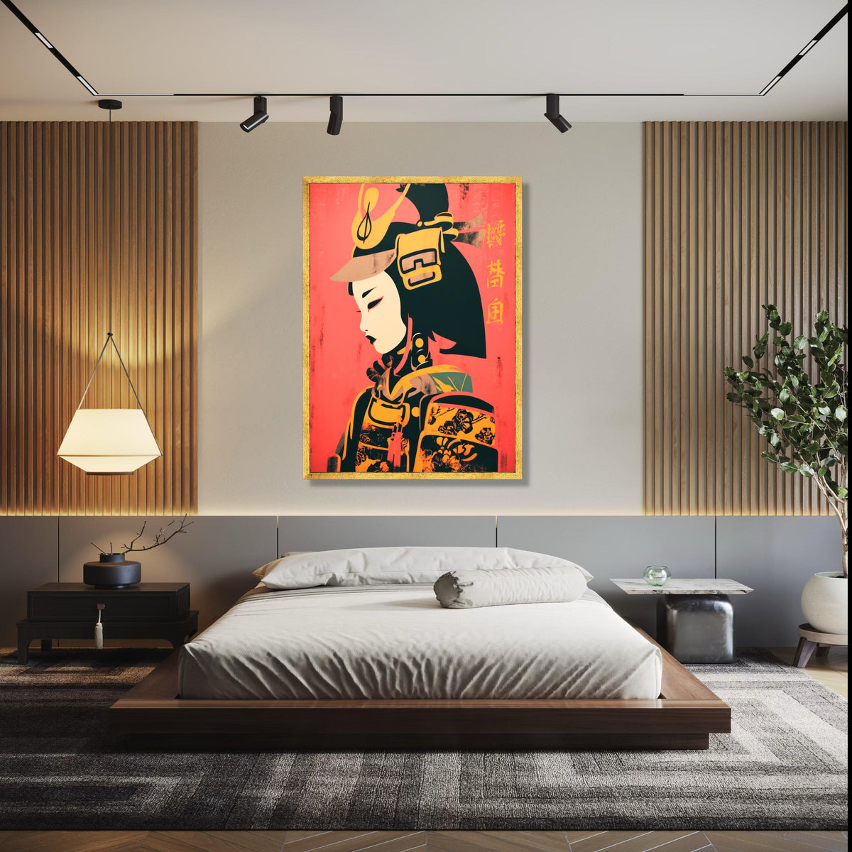 Modern Geisha Warrior Canvas, Japanese Samurai Art, Asian Culture Wall Art, Bold Red and Yellow Canvas, Home Gift Art, Home Decor, Print