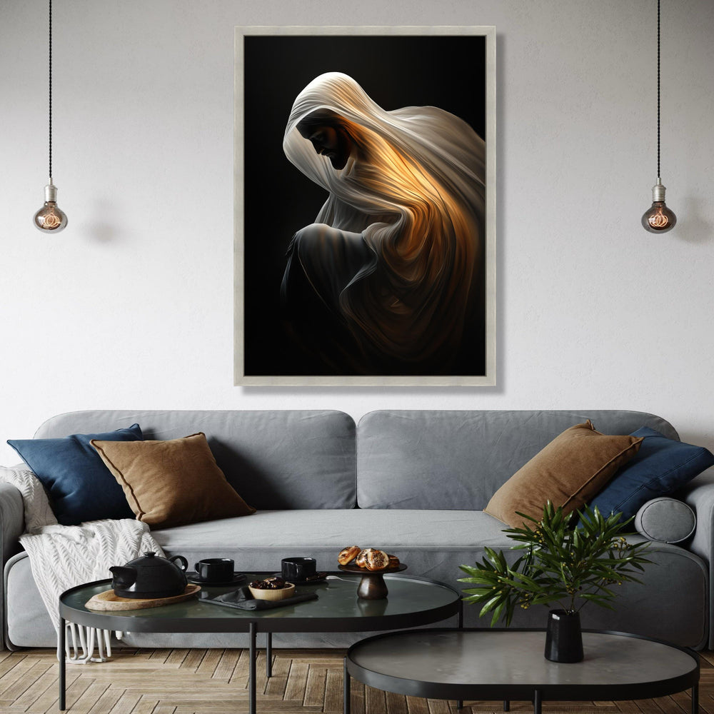 Illuminated Cloak Canvas, Spiritual Figure Art, Divine Glow Wall Decor, Contemplative Mood Canvas, Dramatic Gift Art, Home Decor, Print