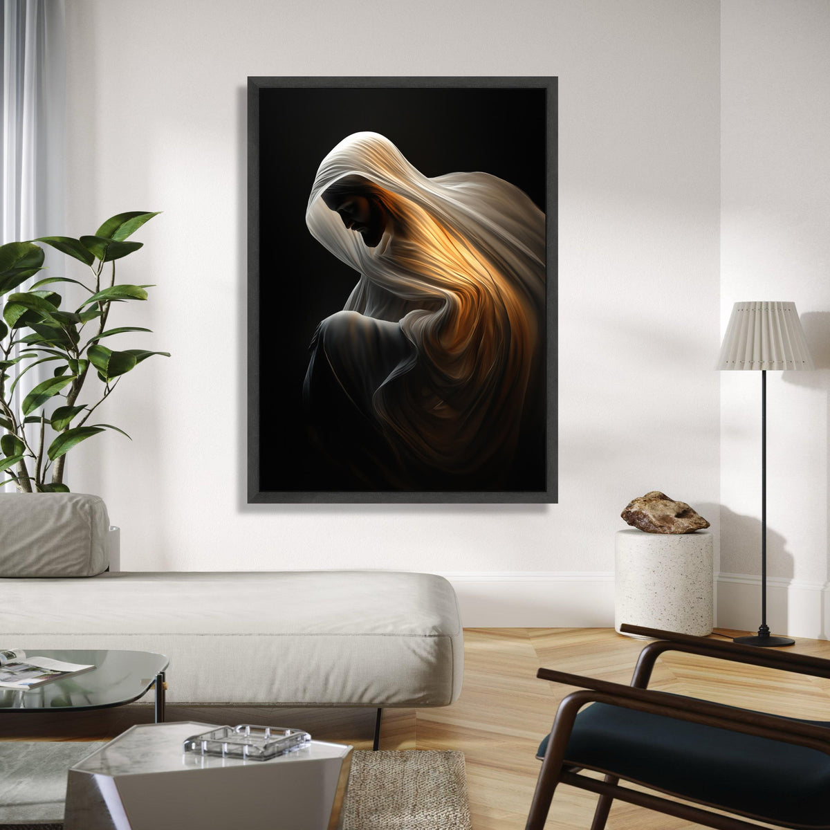Illuminated Cloak Canvas, Spiritual Figure Art, Divine Glow Wall Decor, Contemplative Mood Canvas, Dramatic Gift Art, Home Decor, Print