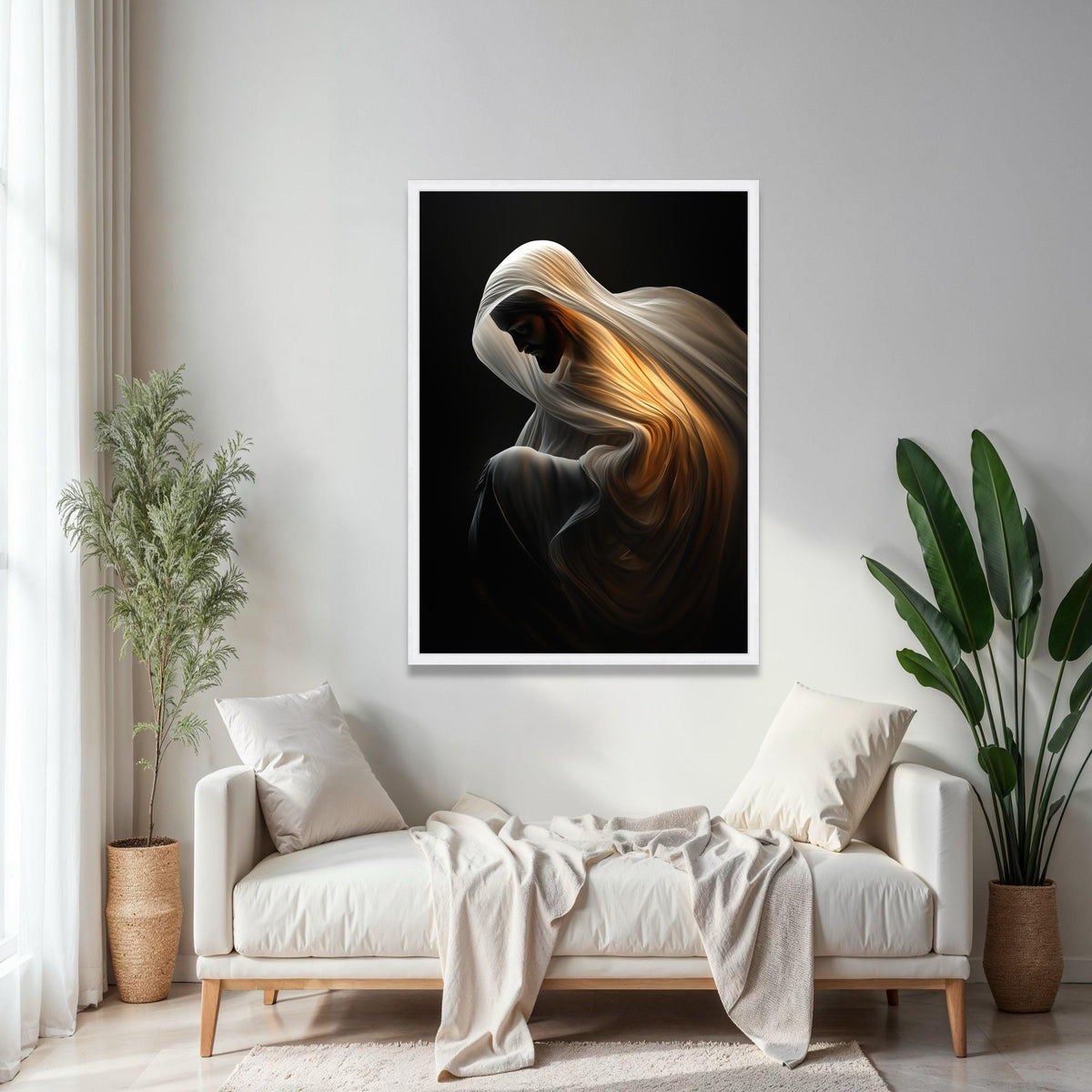 Illuminated Cloak Canvas, Spiritual Figure Art, Divine Glow Wall Decor, Contemplative Mood Canvas, Dramatic Gift Art, Home Decor, Print