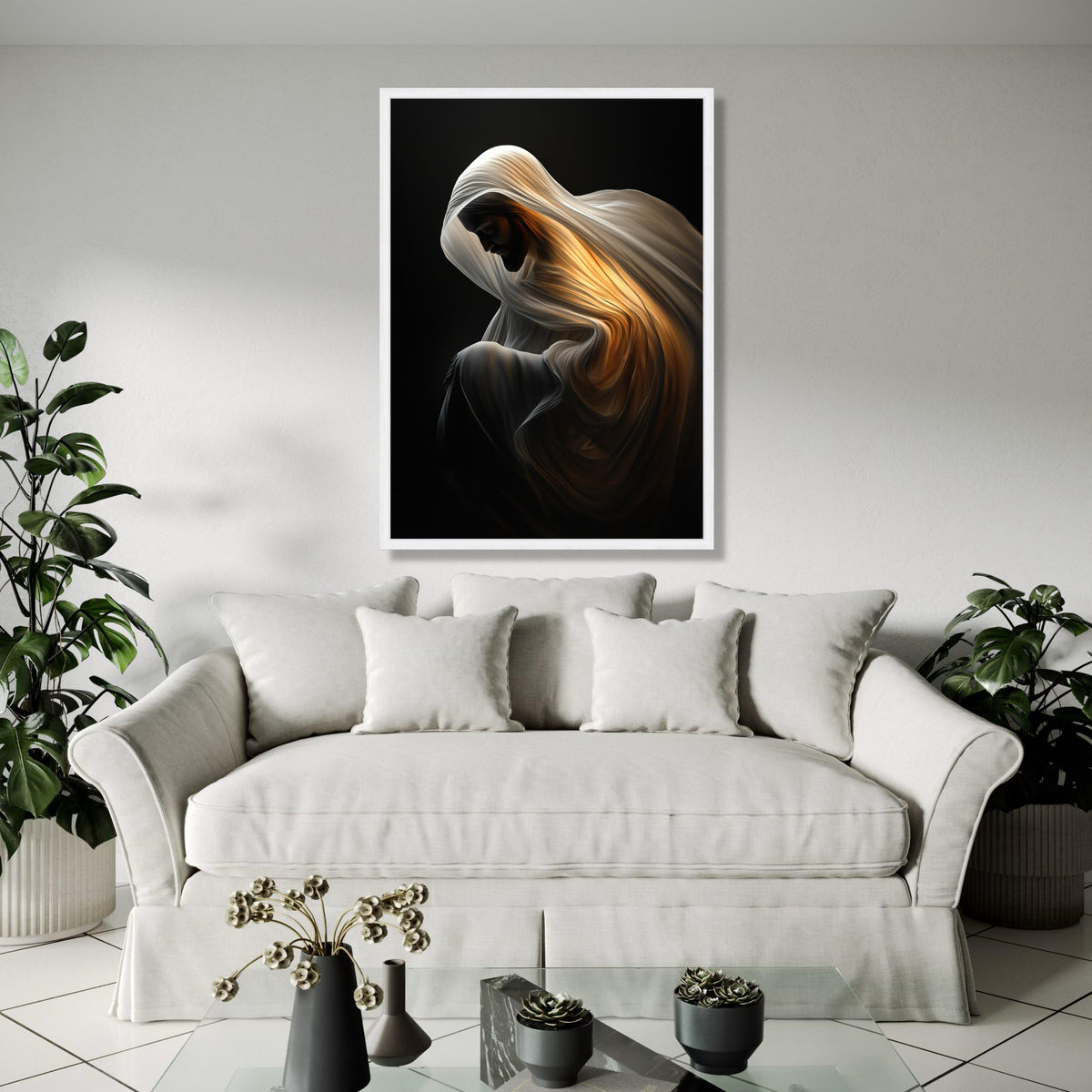 Illuminated Cloak Canvas, Spiritual Figure Art, Divine Glow Wall Decor, Contemplative Mood Canvas, Dramatic Gift Art, Home Decor, Print