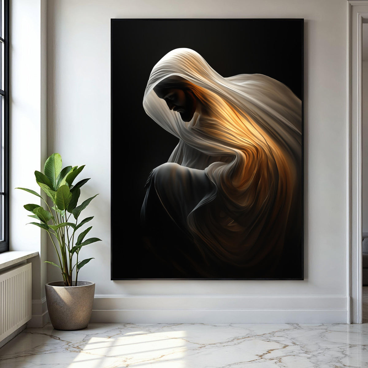 Illuminated Cloak Canvas, Spiritual Figure Art, Divine Glow Wall Decor, Contemplative Mood Canvas, Dramatic Gift Art, Home Decor, Print