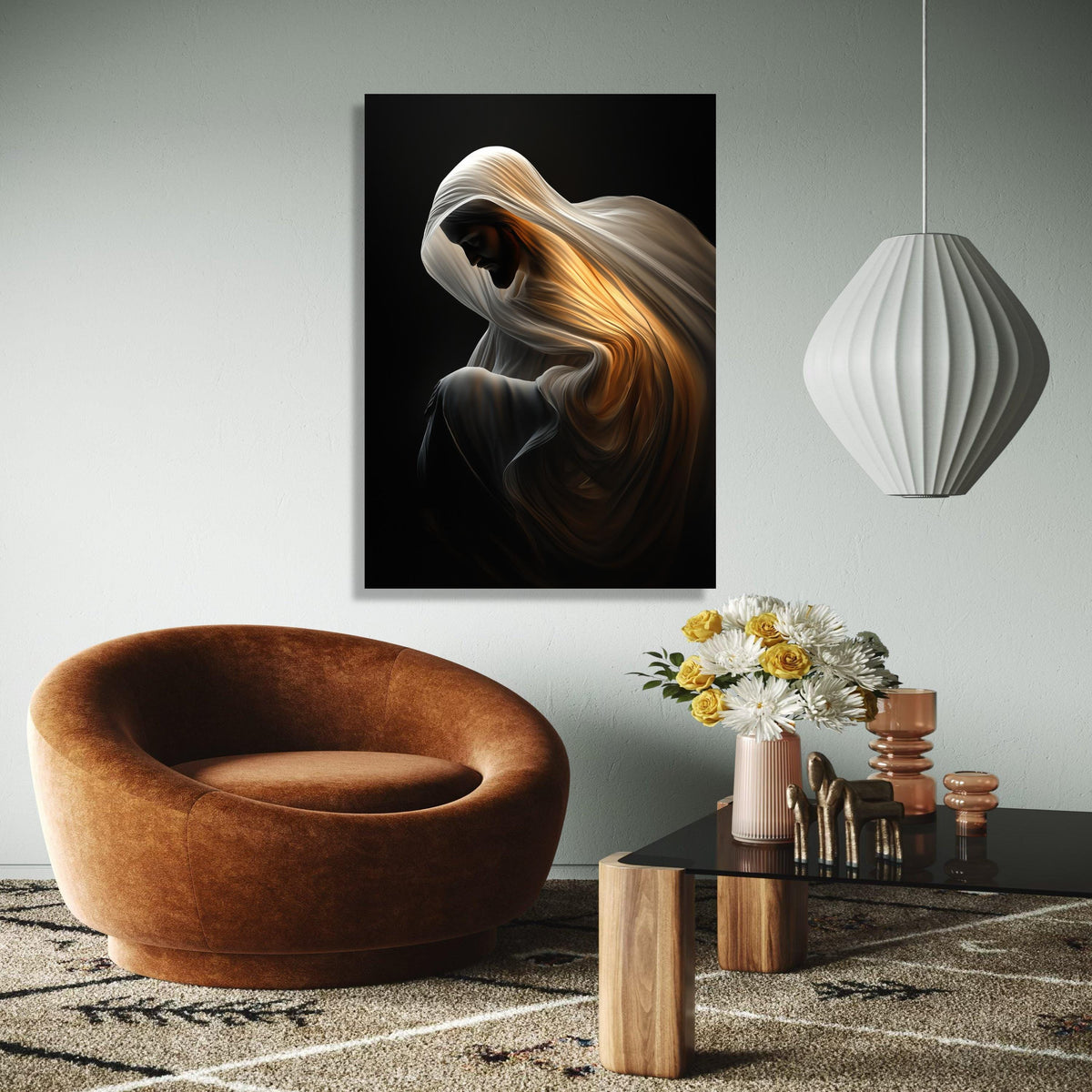 Illuminated Cloak Canvas, Spiritual Figure Art, Divine Glow Wall Decor, Contemplative Mood Canvas, Dramatic Gift Art, Home Decor, Print