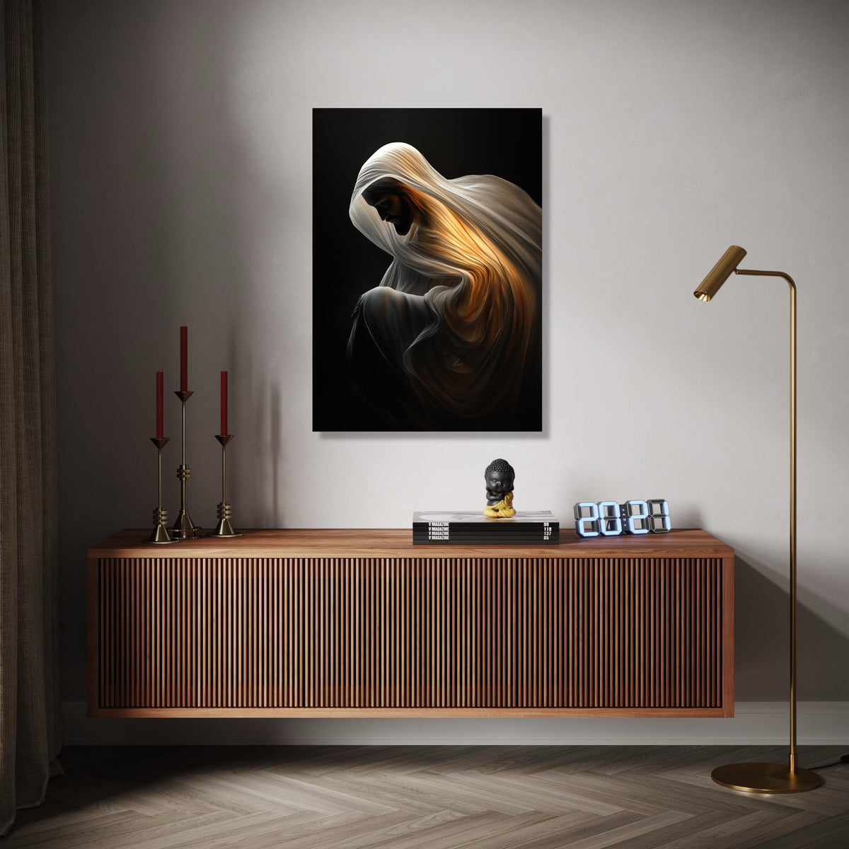 Illuminated Cloak Canvas, Spiritual Figure Art, Divine Glow Wall Decor, Contemplative Mood Canvas, Dramatic Gift Art, Home Decor, Print