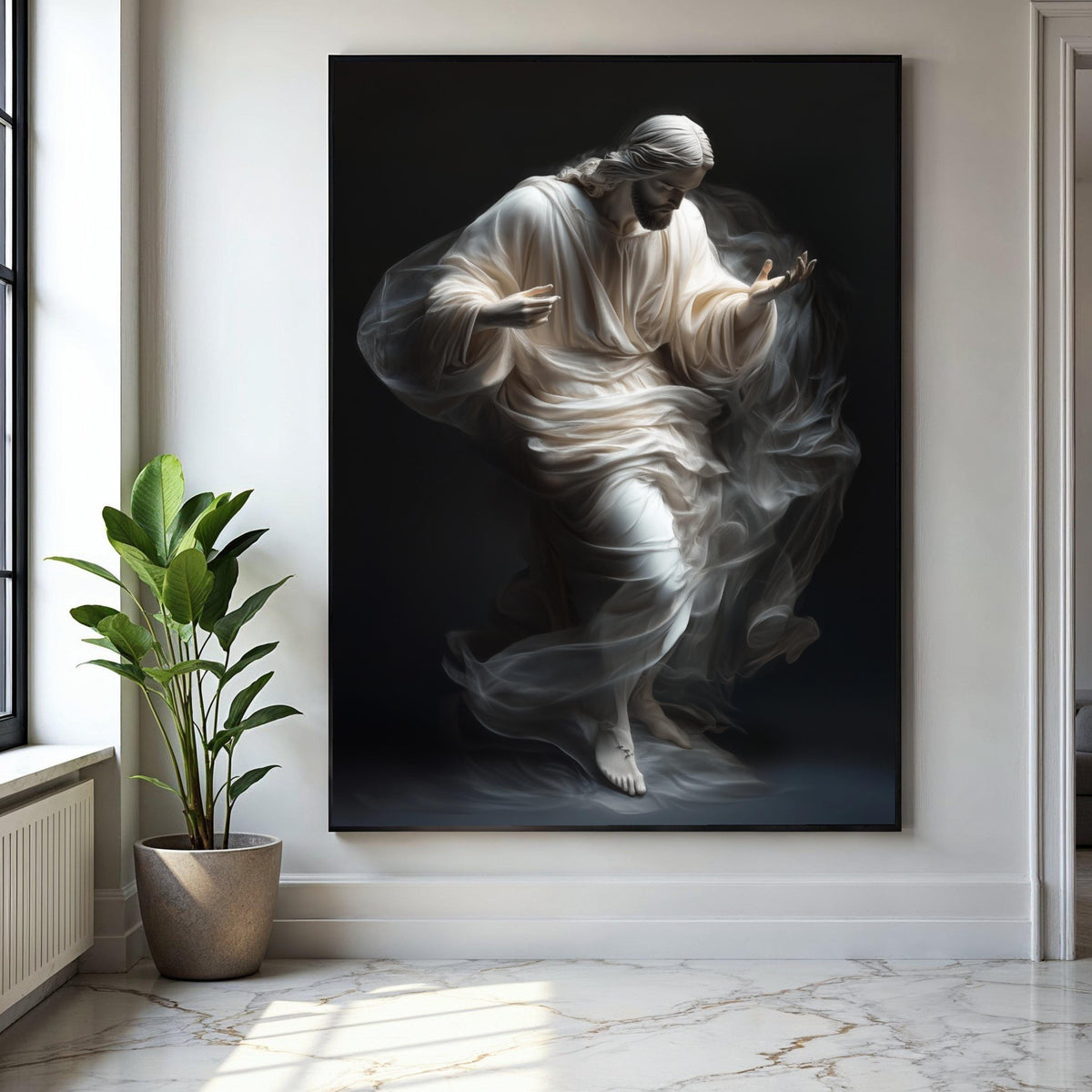Ethereal Jesus Figure Canvas, Spiritual Christian Wall Art, Divine Light Painting, Inspirational Religious Gift Art, Home Decor, Print