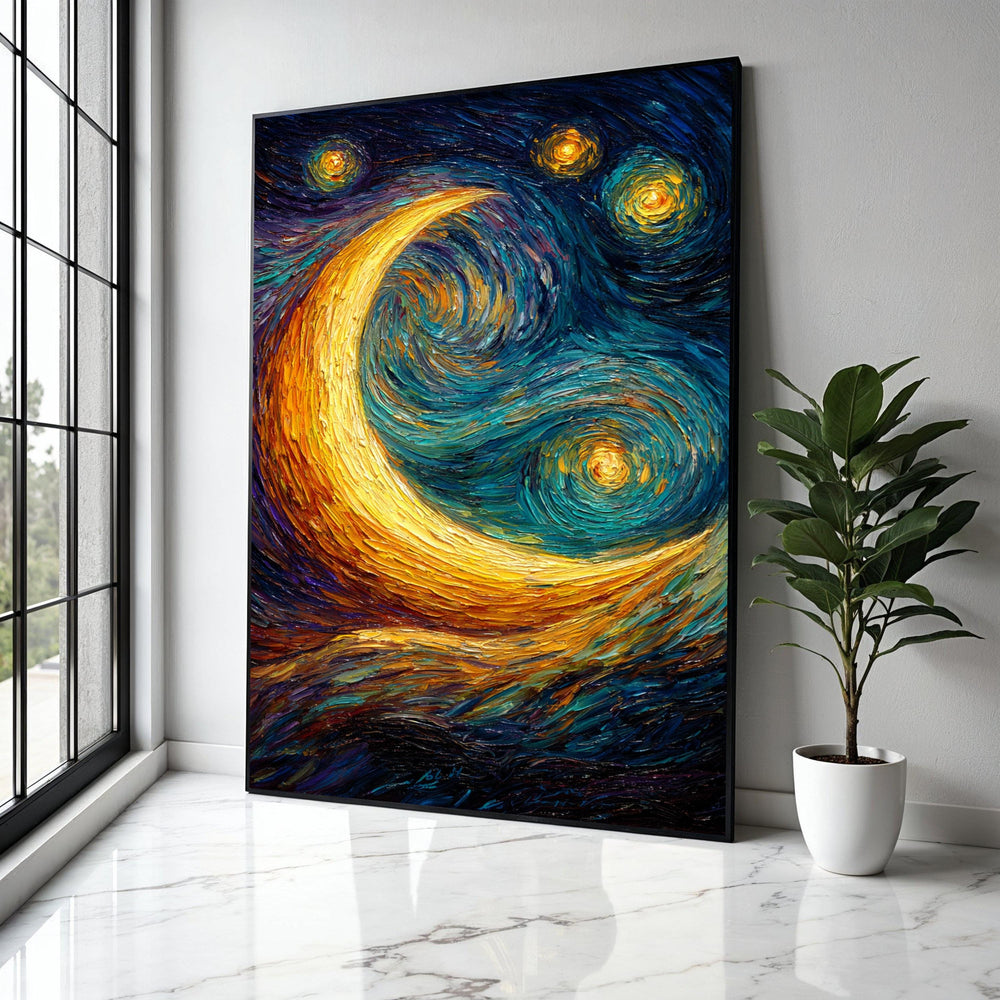 Vibrant Crescent Moon Canvas, Starry Night Sky Wall Art, Swirl Painting, Abstract Nightscape Canvas, Home Gift Art, Home Decor, Print