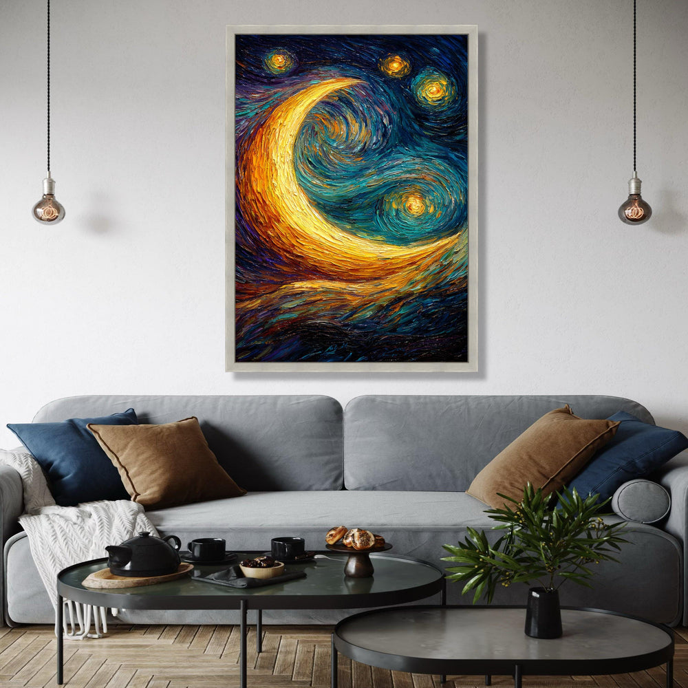 Vibrant Crescent Moon Canvas, Starry Night Sky Wall Art, Swirl Painting, Abstract Nightscape Canvas, Home Gift Art, Home Decor, Print