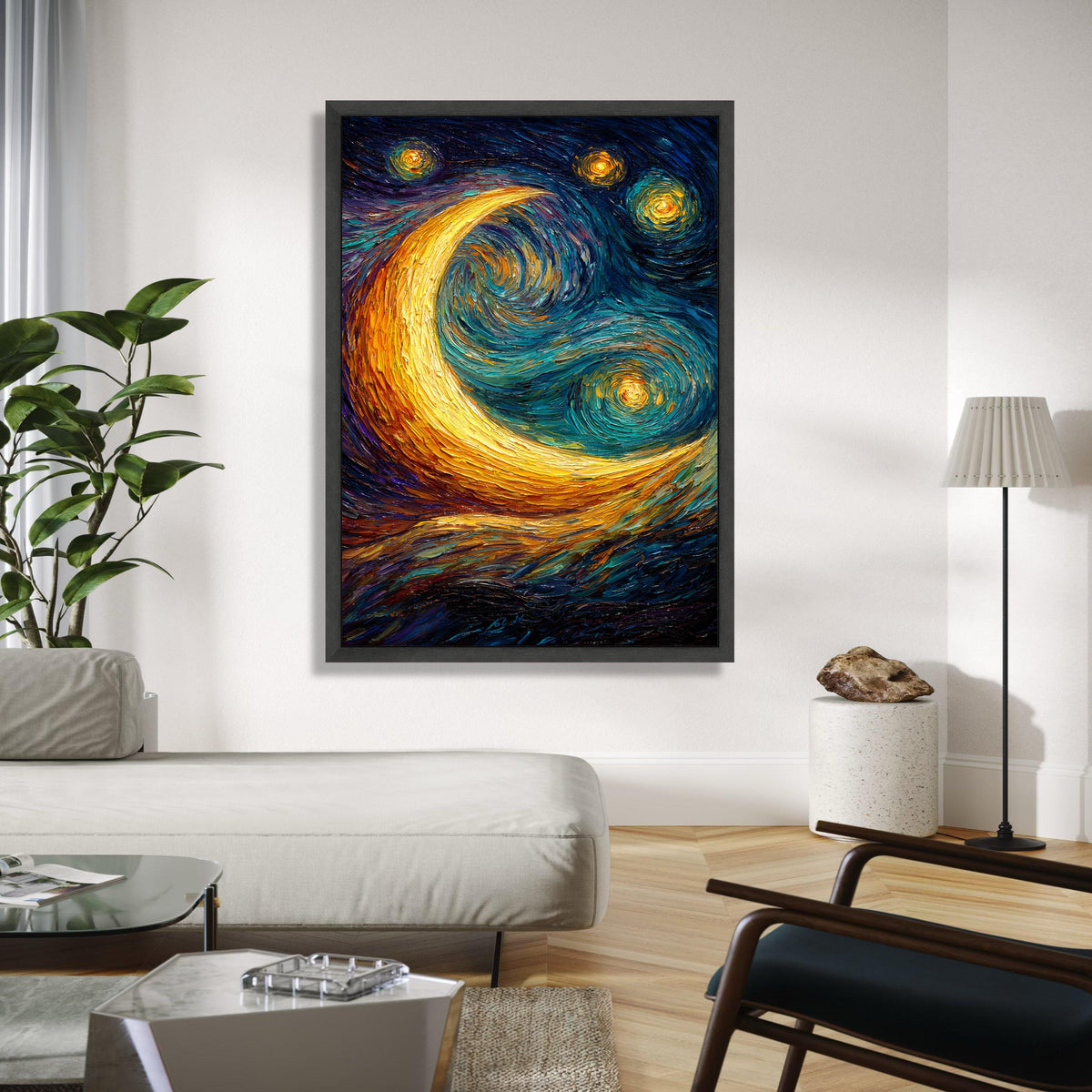 Vibrant Crescent Moon Canvas, Starry Night Sky Wall Art, Swirl Painting, Abstract Nightscape Canvas, Home Gift Art, Home Decor, Print