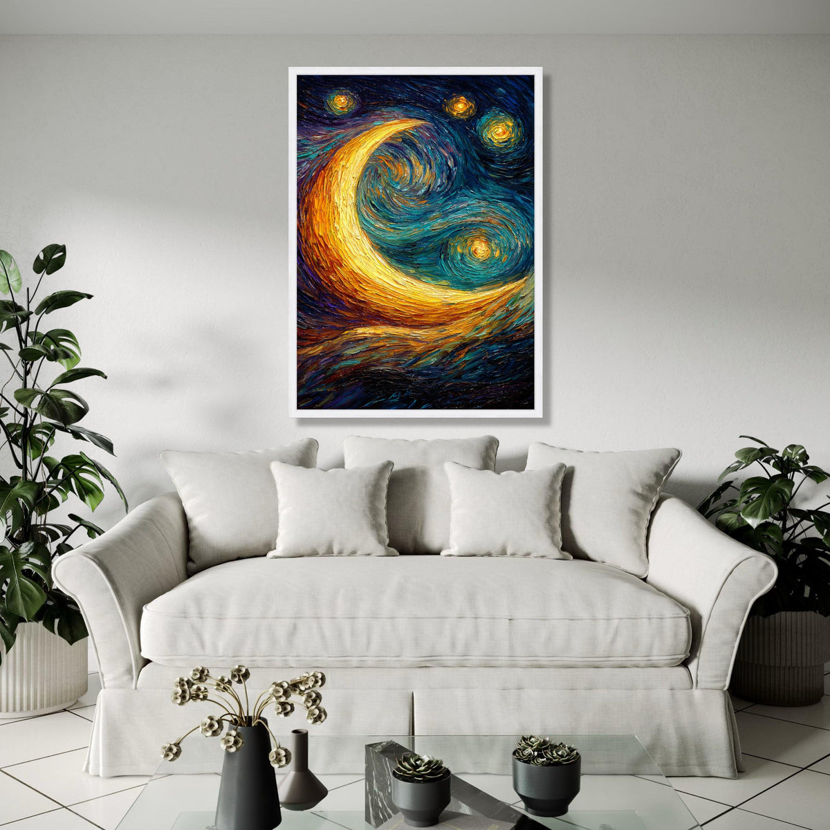 Vibrant Crescent Moon Canvas, Starry Night Sky Wall Art, Swirl Painting, Abstract Nightscape Canvas, Home Gift Art, Home Decor, Print