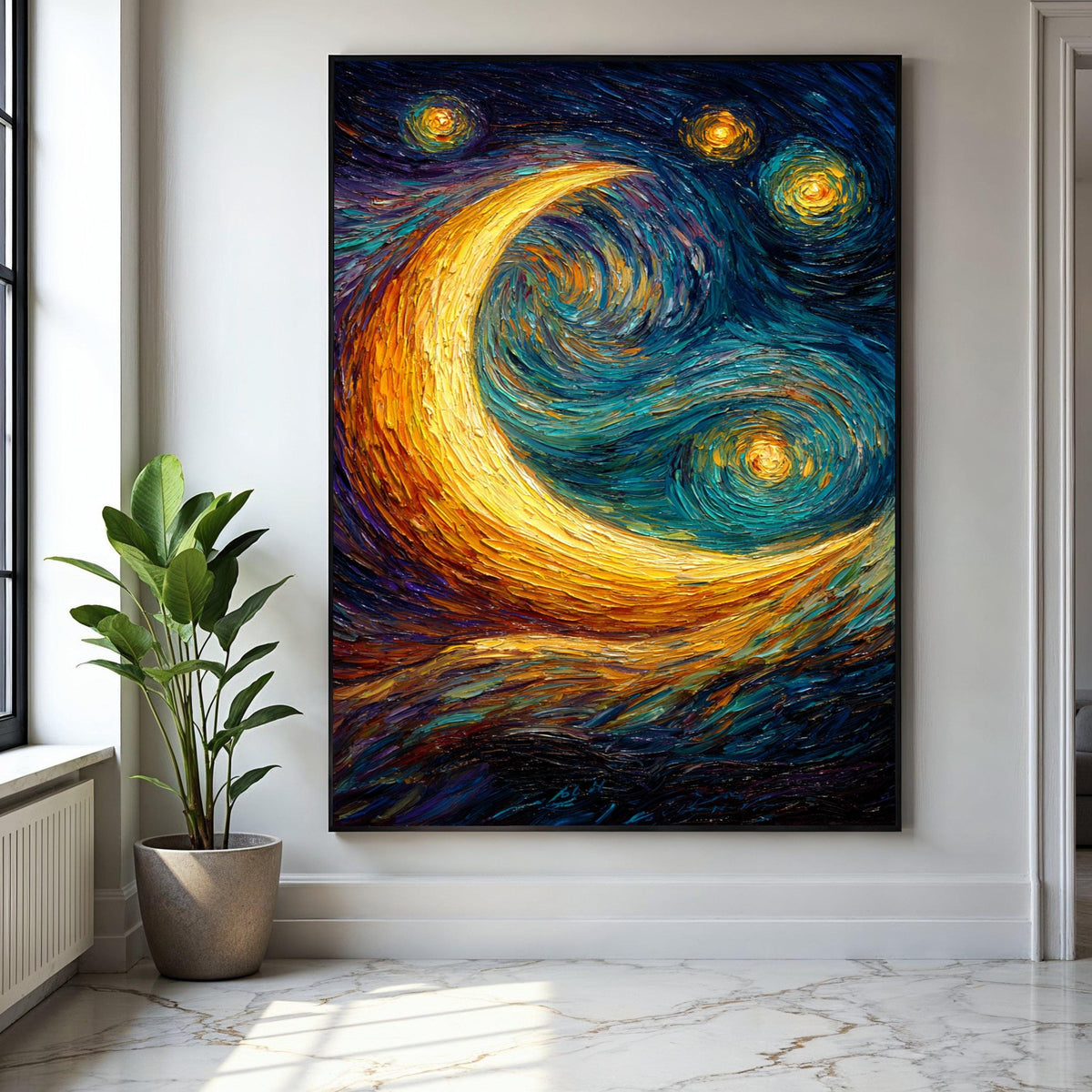 Vibrant Crescent Moon Canvas, Starry Night Sky Wall Art, Swirl Painting, Abstract Nightscape Canvas, Home Gift Art, Home Decor, Print