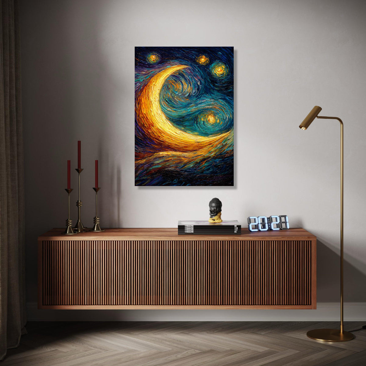 Vibrant Crescent Moon Canvas, Starry Night Sky Wall Art, Swirl Painting, Abstract Nightscape Canvas, Home Gift Art, Home Decor, Print