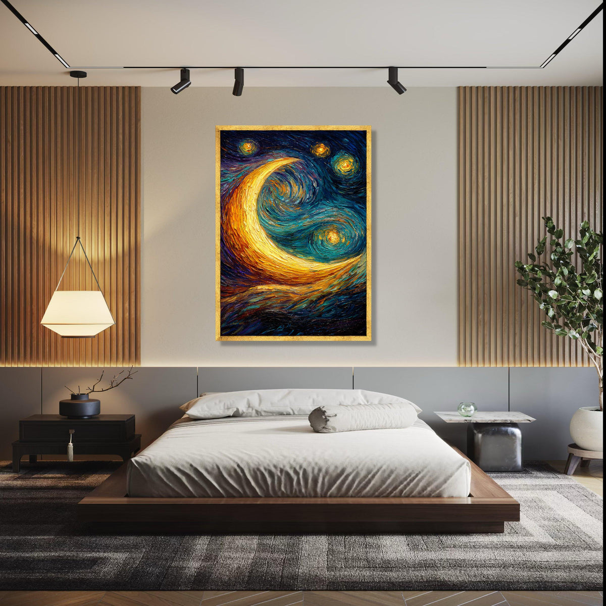 Vibrant Crescent Moon Canvas, Starry Night Sky Wall Art, Swirl Painting, Abstract Nightscape Canvas, Home Gift Art, Home Decor, Print