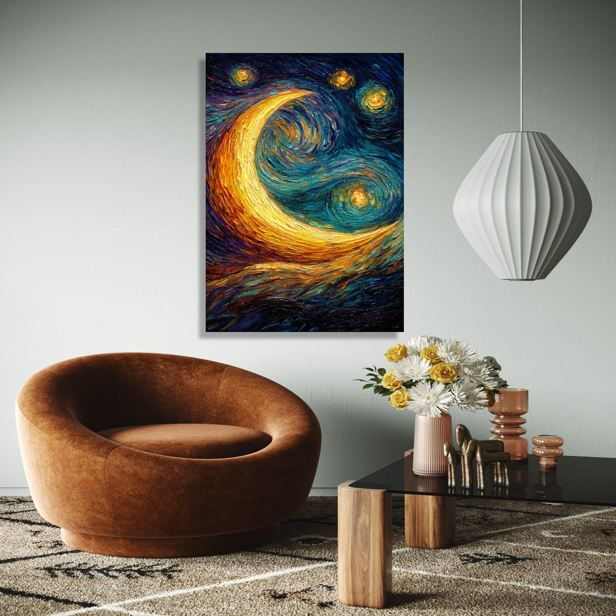 Vibrant Crescent Moon Canvas, Starry Night Sky Wall Art, Swirl Painting, Abstract Nightscape Canvas, Home Gift Art, Home Decor, Print