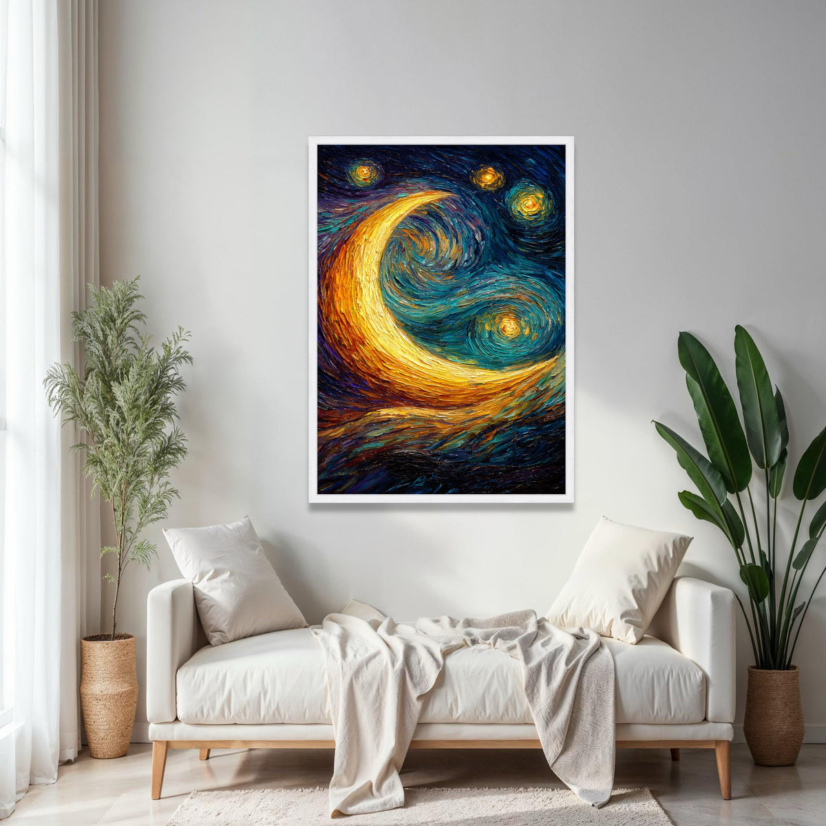 Vibrant Crescent Moon Canvas, Starry Night Sky Wall Art, Swirl Painting, Abstract Nightscape Canvas, Home Gift Art, Home Decor, Print